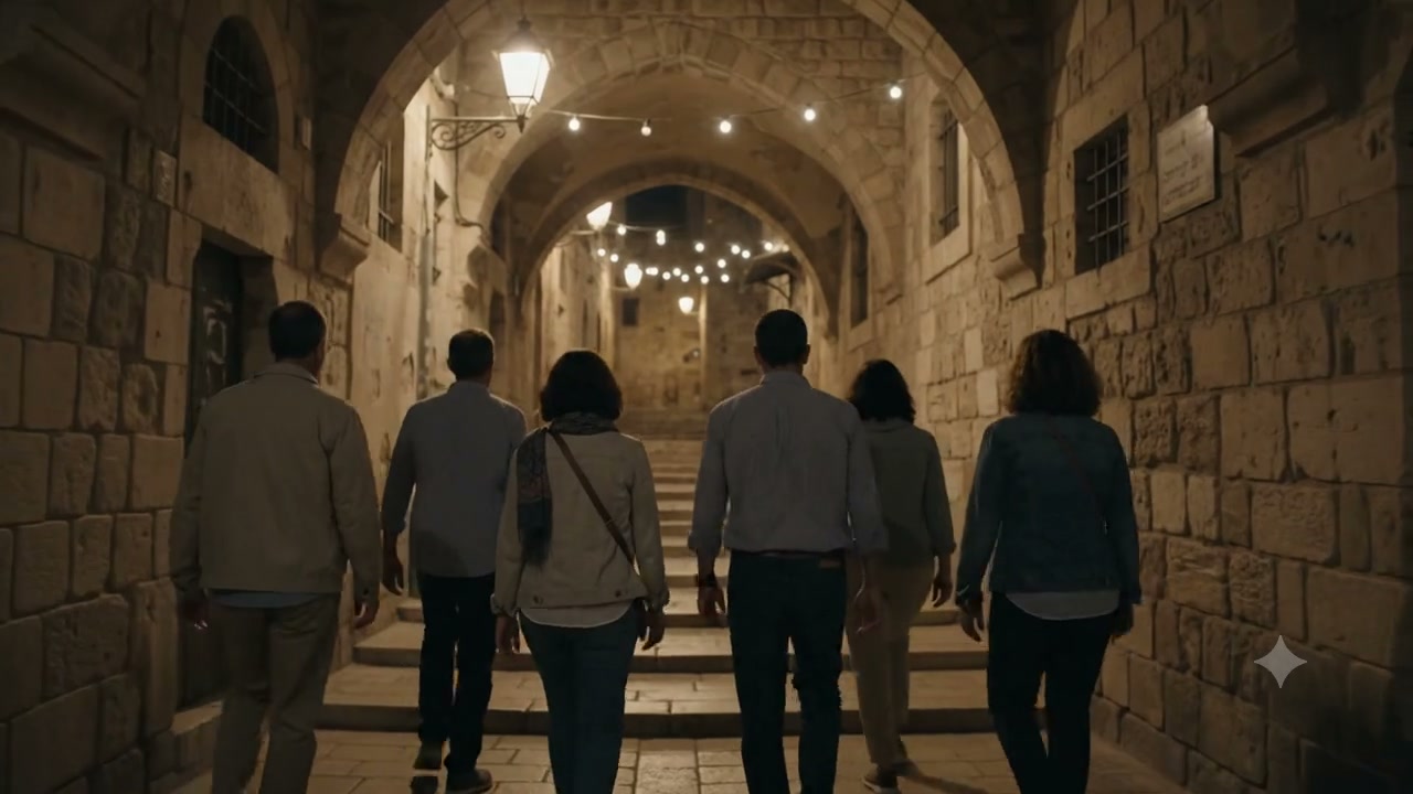 קבוצה עולה בסמטה מקומרת בעיר העתיקה בירושלים, בלילה